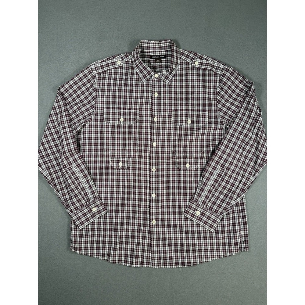 Michael Kors Men's NWOT Plaid Button Up Military Shirt Roll Tab Maroon Size XXL